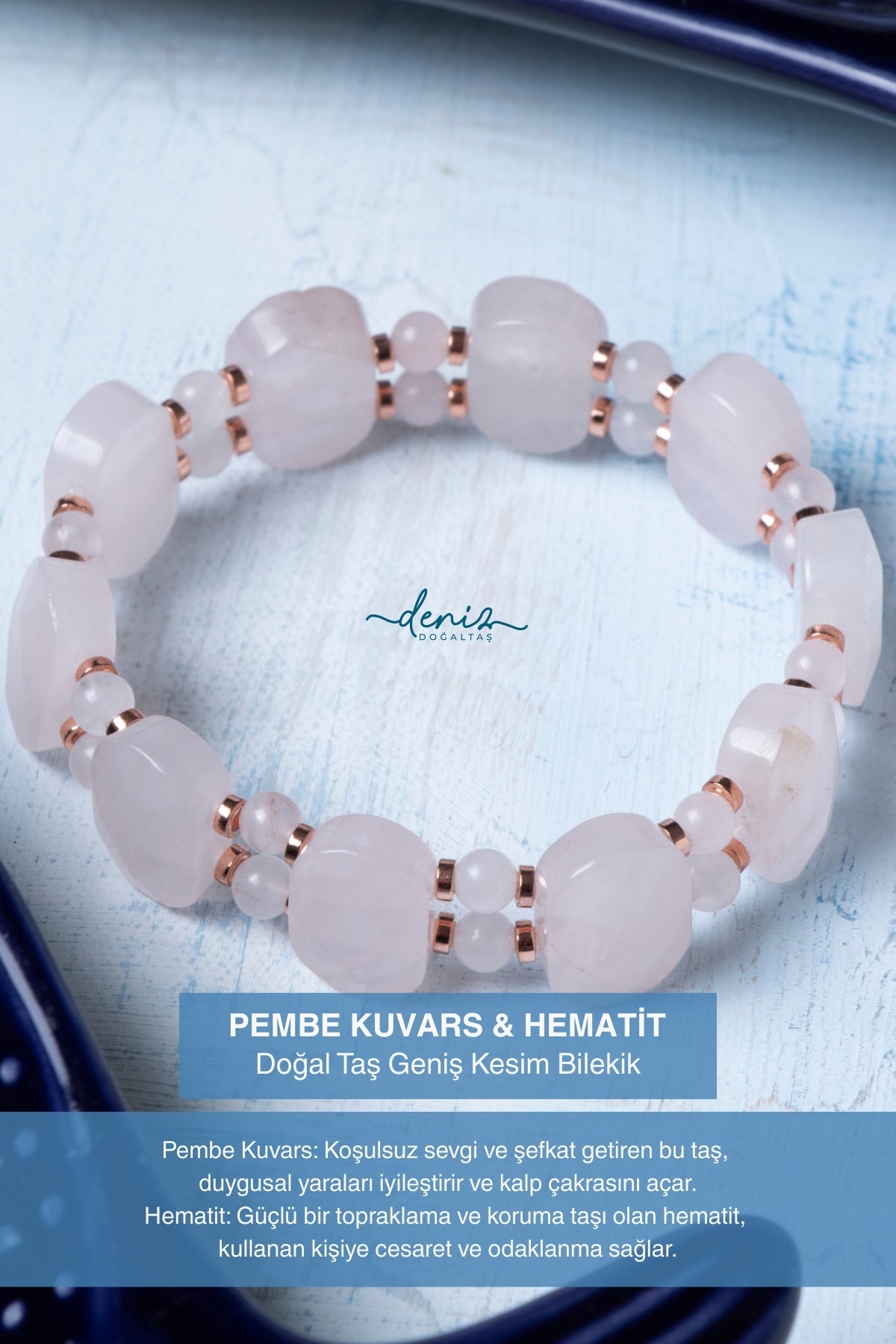 Sertifikalı Pembe Kuvars Hematit Doğal Taş Bileklik