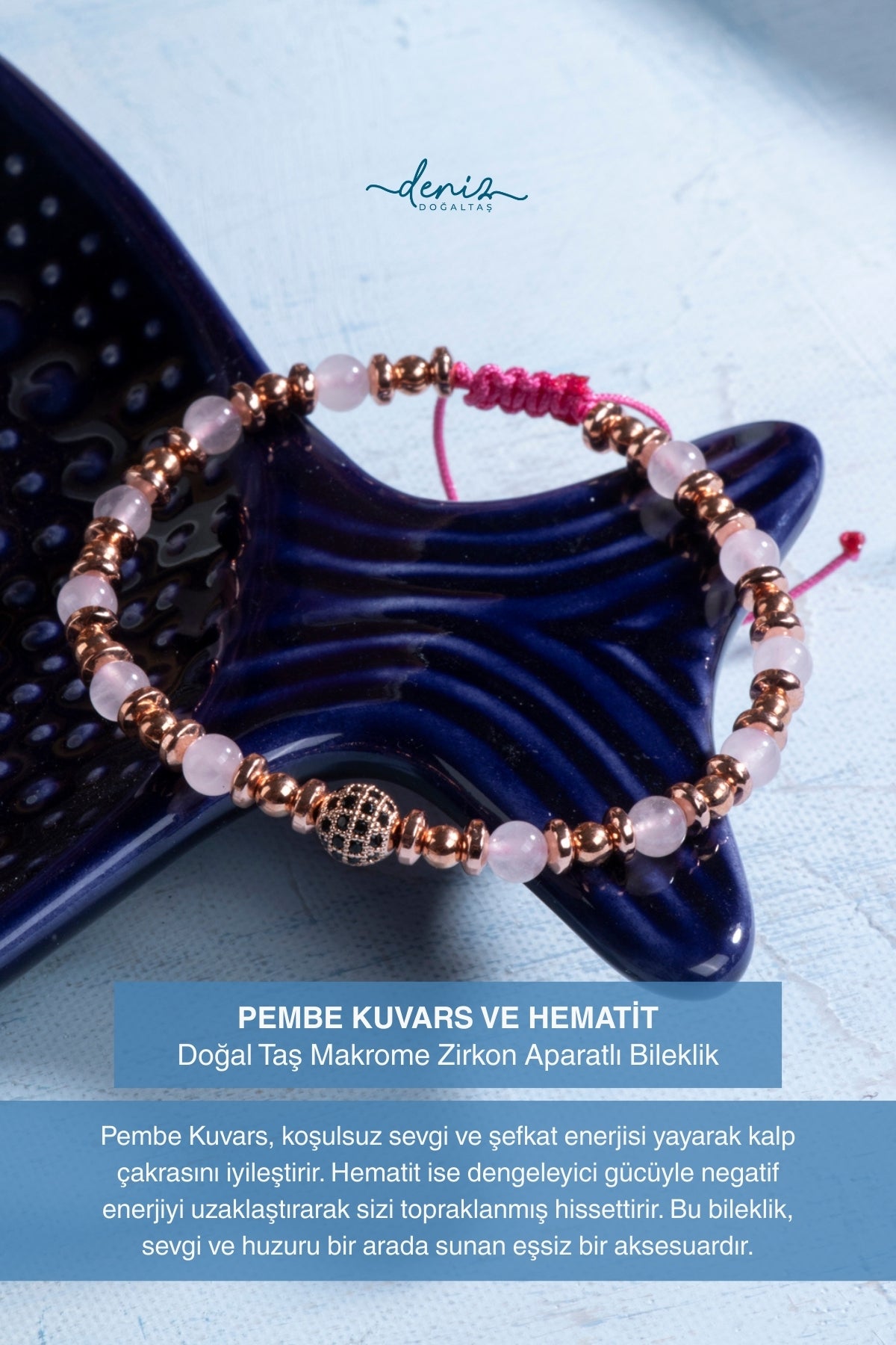 Sertifikalı Pembe Kuvars Hematit Doğal Taş Makrome Bileklik