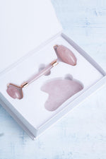 Sertifikalı Pembe Kuvars Taşı Masaj Takımı - Roller ve Gua Sha Kalpli Set