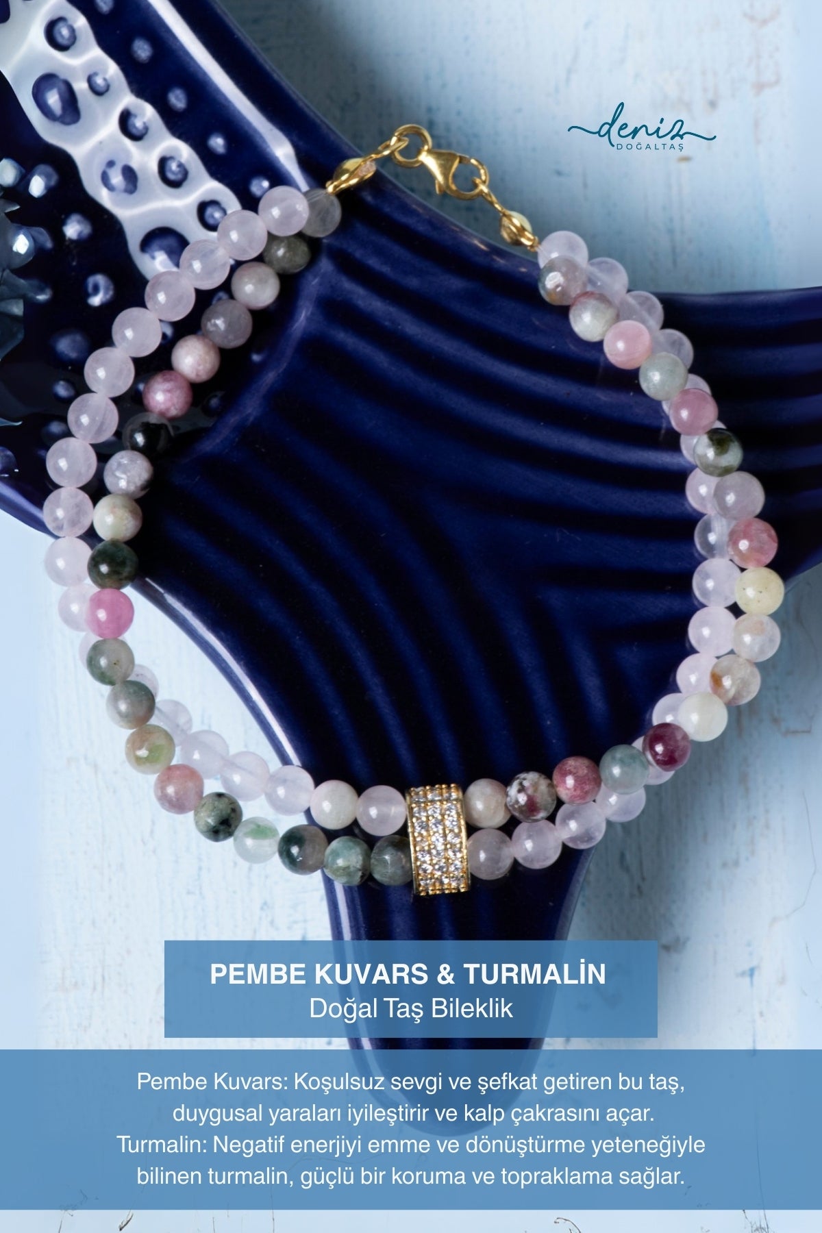 Sertifikalı Pembe Kuvars Turmalin Gümüş Aparat Doğal Taş Bileklik