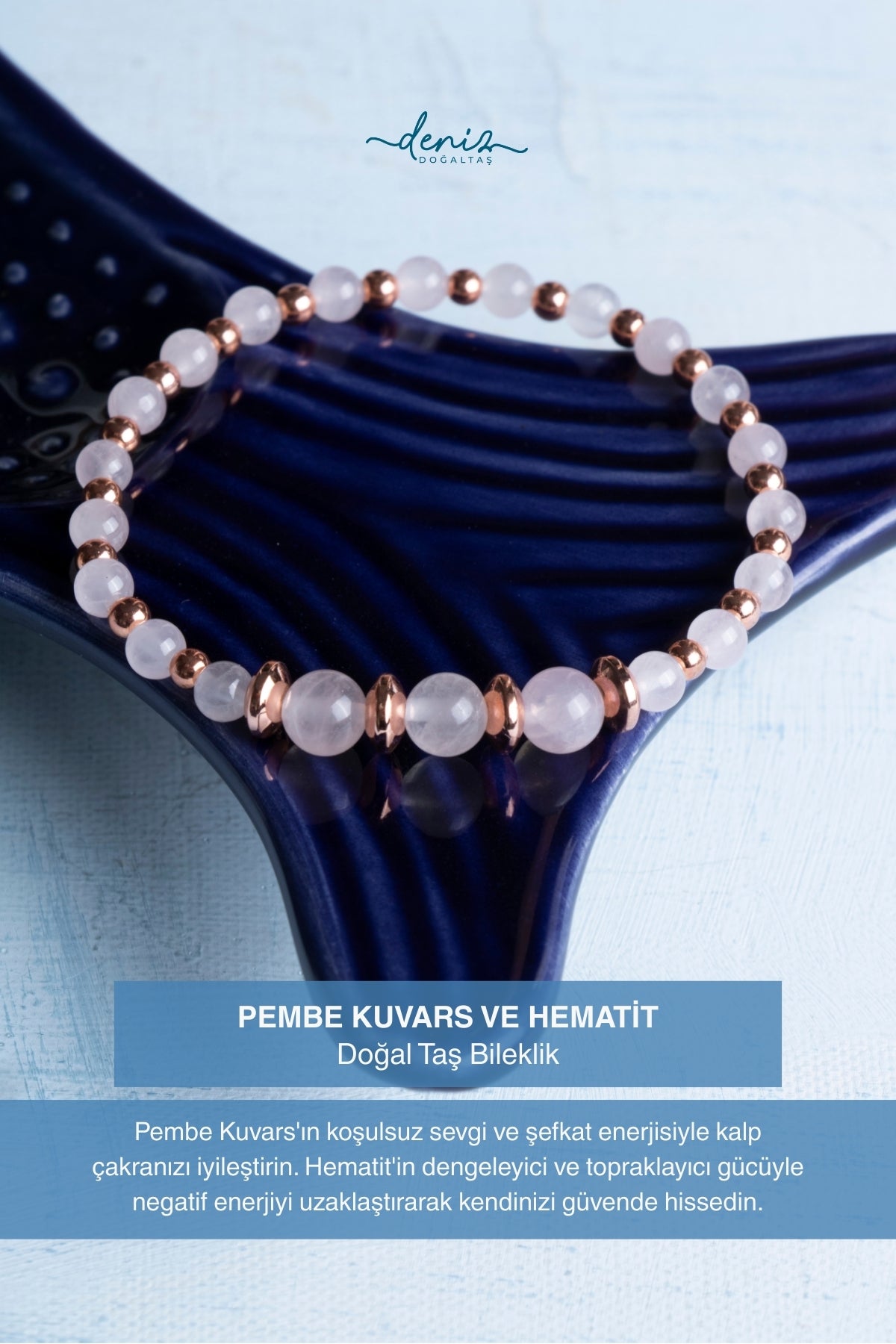 Sertifikalı Pembe Kuvars ve Hematit Doğal Taş Bileklik (4-6mm Taşlar)