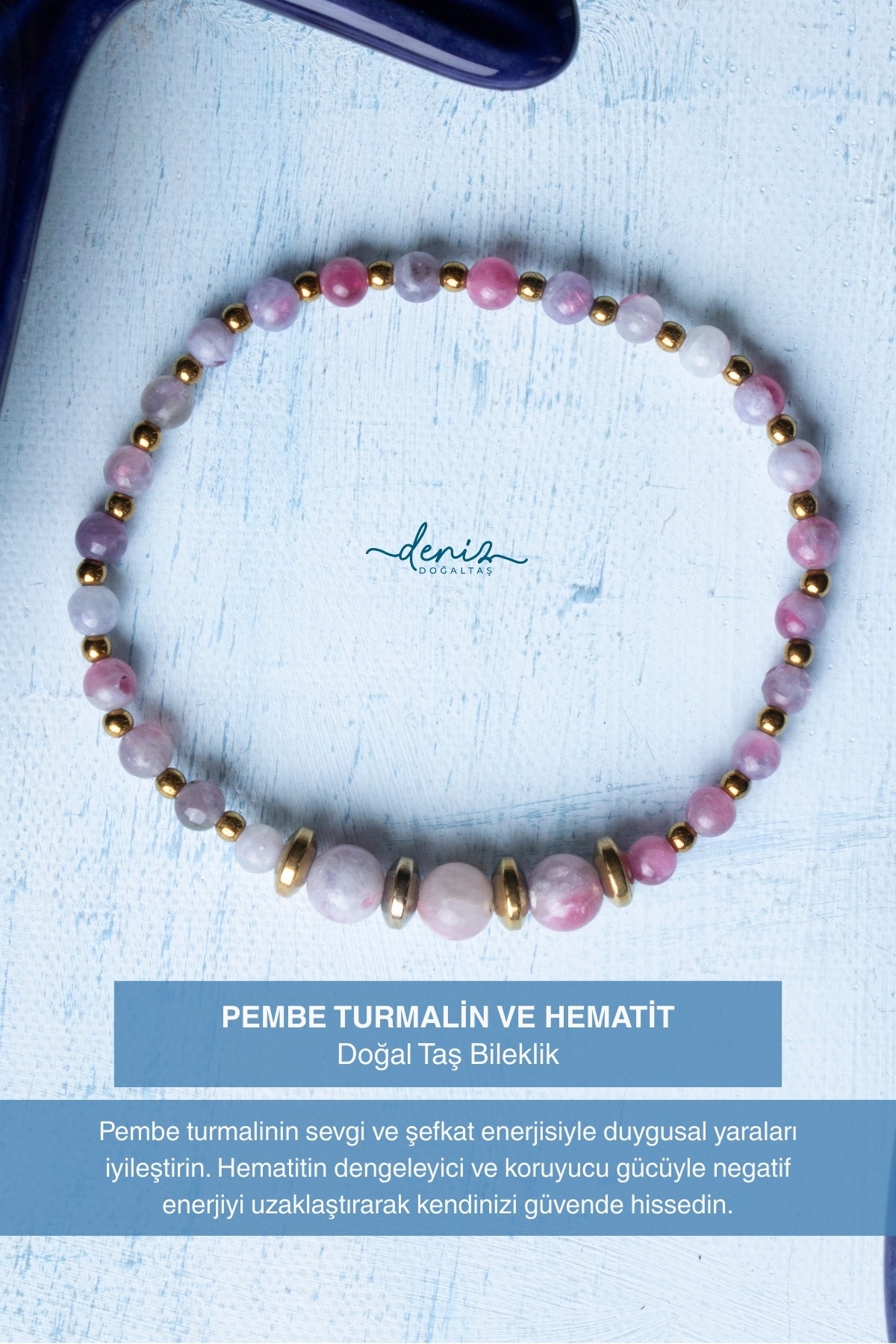 Sertifikalı Pembe Turmalin ve Hematit Doğal Taş Bileklik (4-6mm Taşlar)