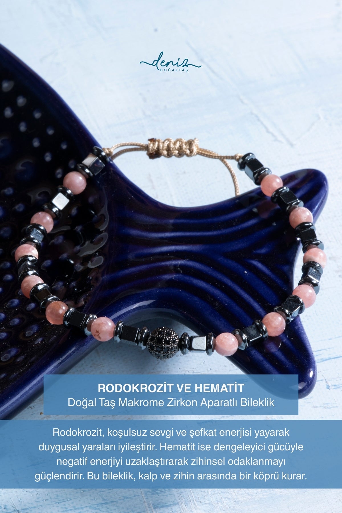 Sertifikalı Rodokrozit ve Hematit Doğal Taş Makrome Bileklik