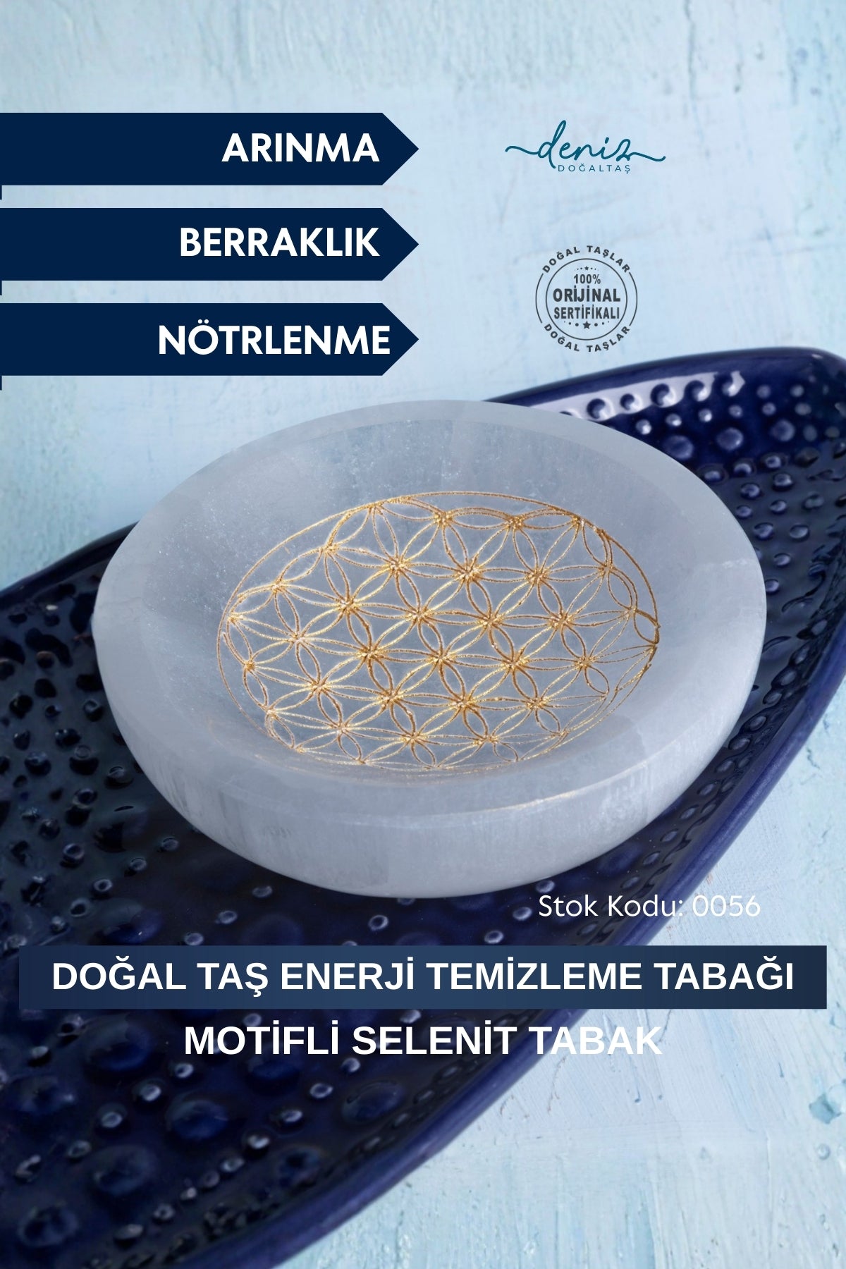 Sertifikalı Selenit Doğal Taş Altın Renkli Motifli Enerji Temizleme Tabağı S.K: 0056