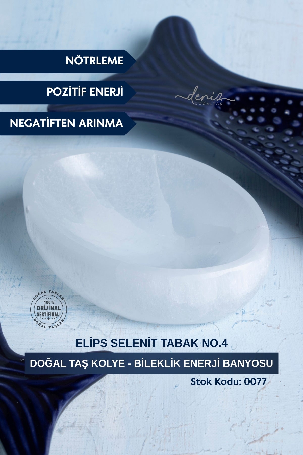 Sertifikalı Selenit Doğal Taş Kolye - Bileklik Enerji Banyosu (Elips Selenit Tabak no.4) S.K: 0077