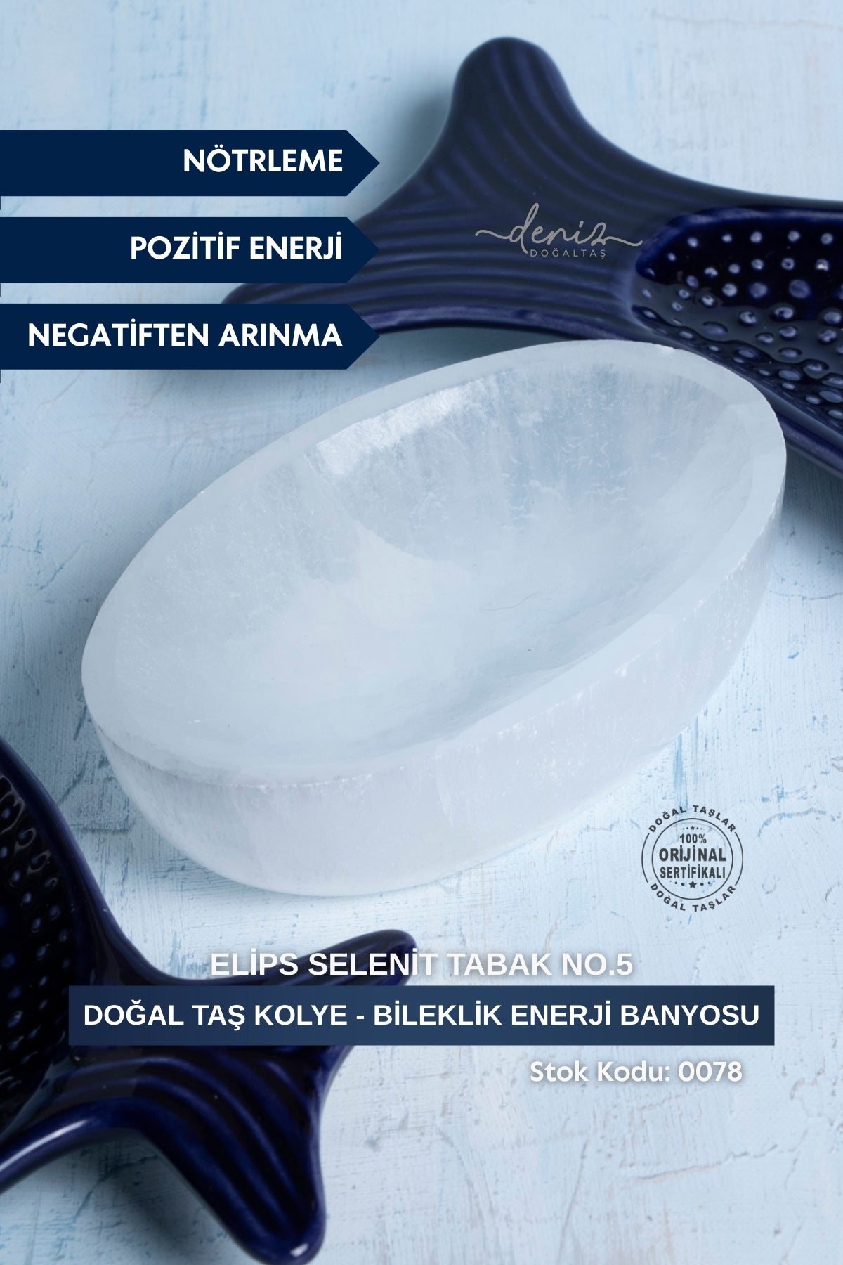 Sertifikalı Selenit Doğal Taş Kolye - Bileklik Enerji Banyosu (Elips Selenit Tabak no.5) S.K: 0078