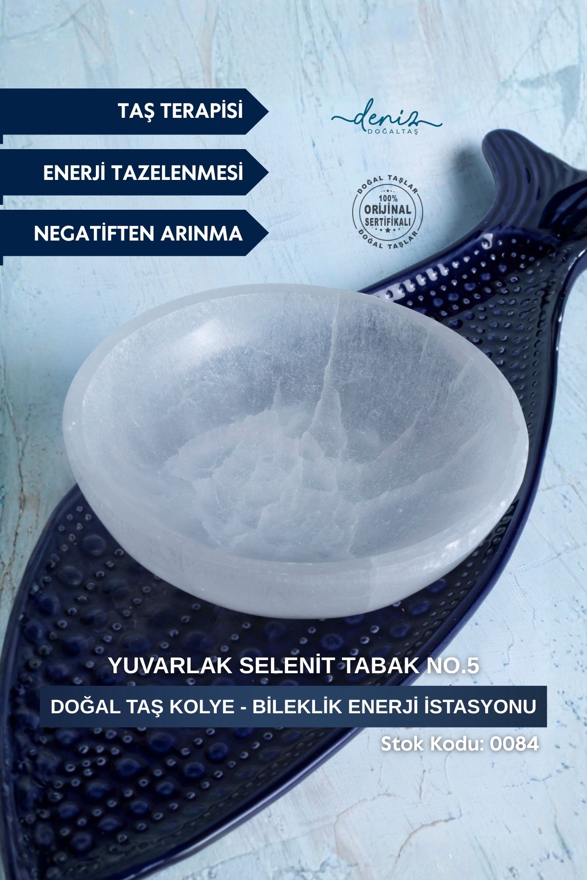 Sertifikalı Selenit Doğal Taş Kolye - Bileklik Enerji Banyosu (Yuvarlak Selenit Tabak no.5) S.K: 0084