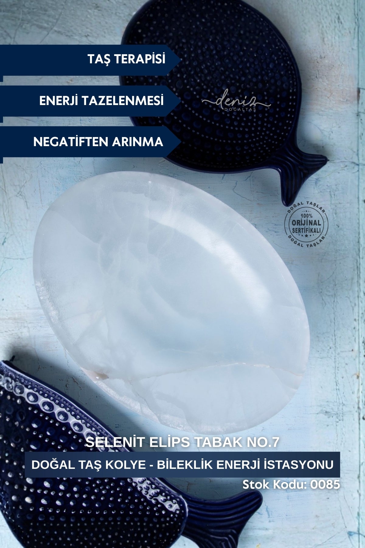Sertifikalı Selenit Doğal Taş Kolye - Bileklik Enerji İstasyonu (Selenit Elips Tabak no.7) S.K: 0085