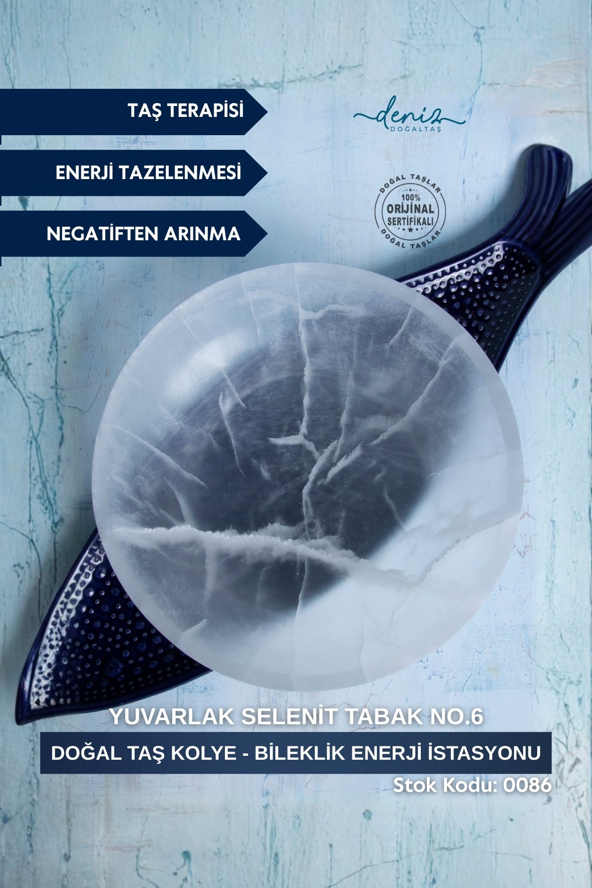 Sertifikalı Selenit Doğal Taş Kolye - Bileklik Enerji İstasyonu (Yuvarlak Selenit Tabak no.6) S.K: 0086
