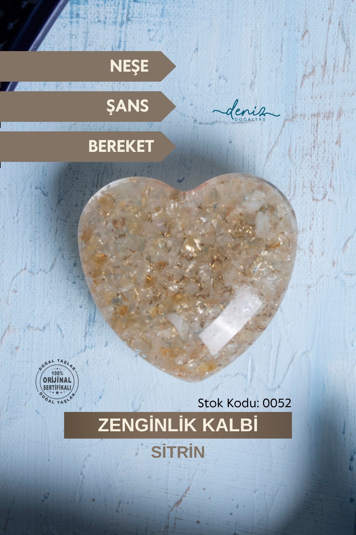 Sertifikalı Sitrin Doğal Taş Zenginlik Kalbi S.K: 0052