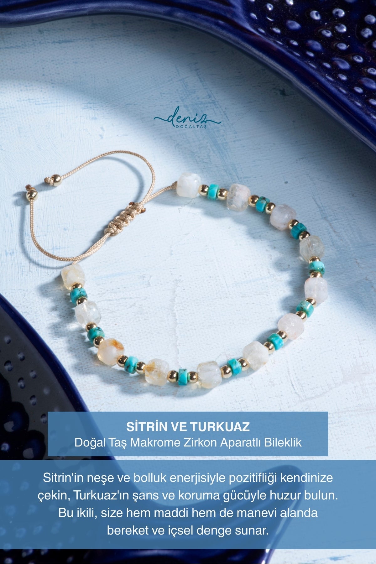 Sertifikalı Sitrin ve Turkuaz Doğal Taş Makrome Bileklik