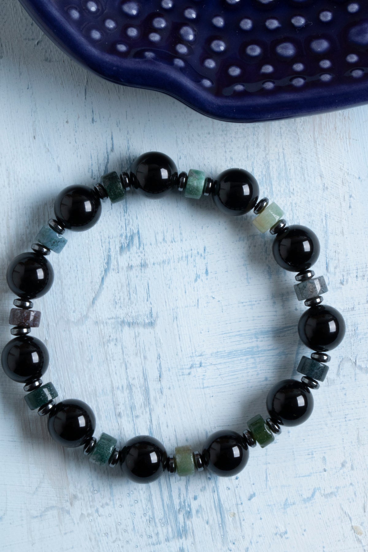 Sertifikalı Siyah Turmalin, Hematit ve Yosunlu Akik Bileklik