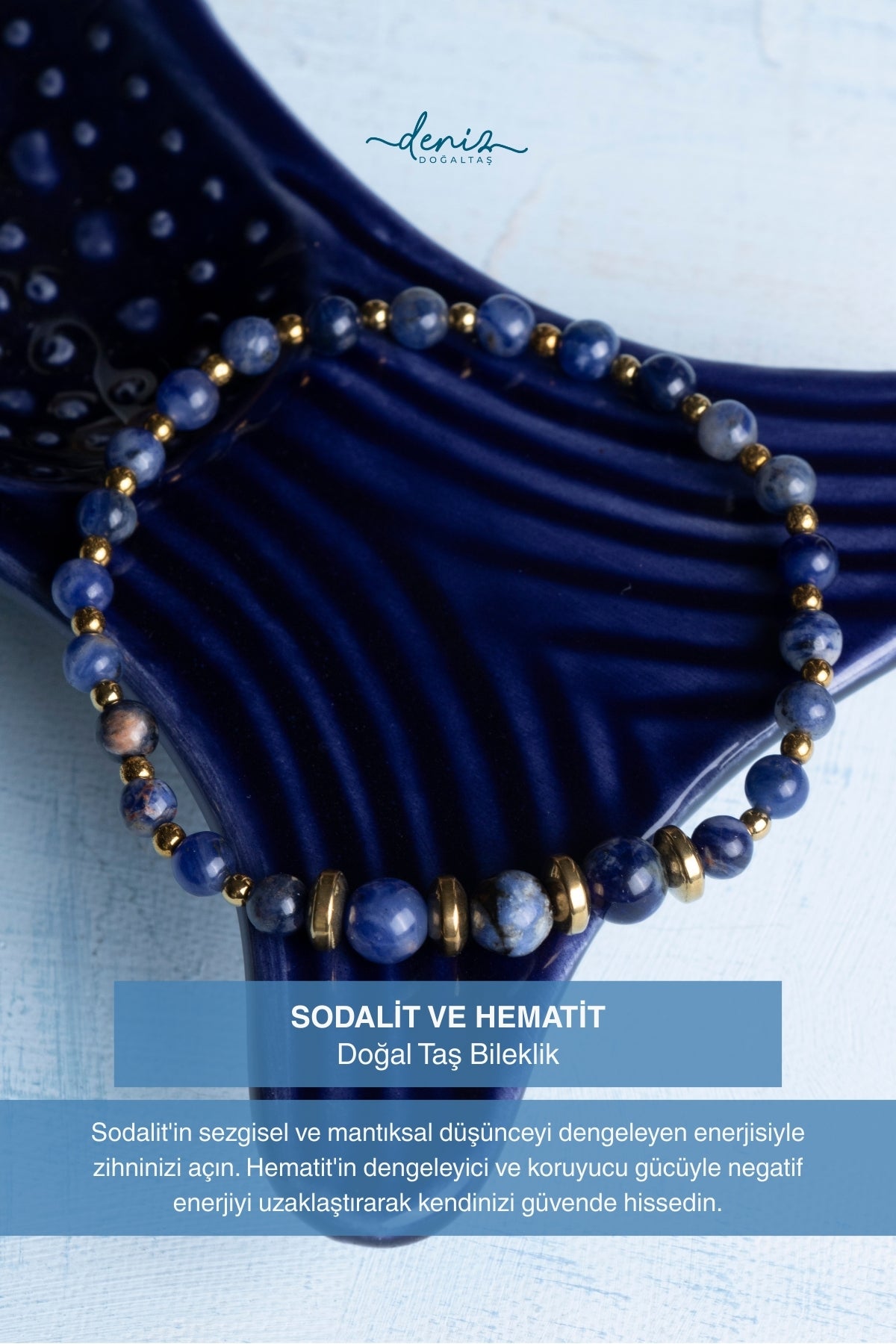 Sertifikalı Sodalit ve Hematit Doğal Taş Bileklik (4-6 mm Taşlar)