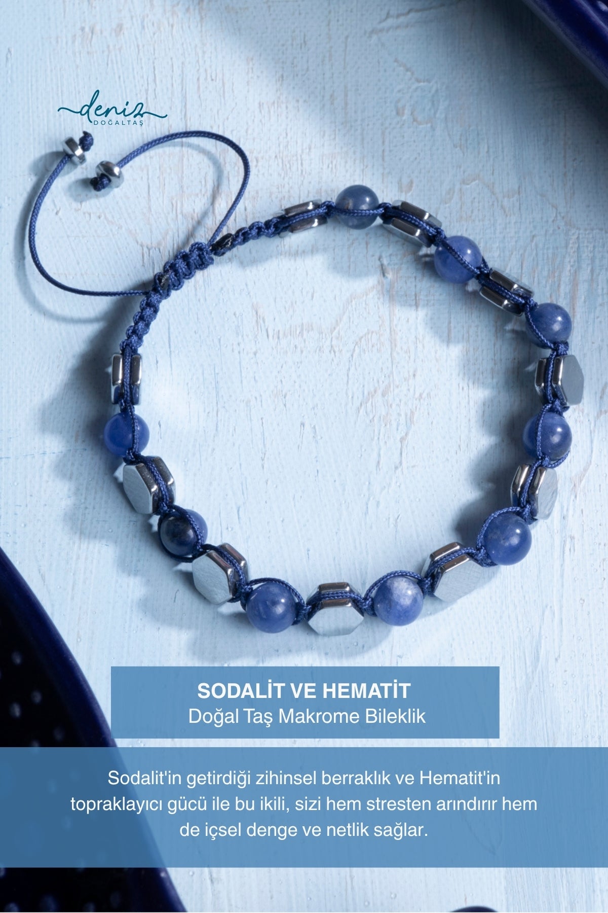 Sertifikalı Sodalit ve Hematit Doğal Taş Makrome Bileklik