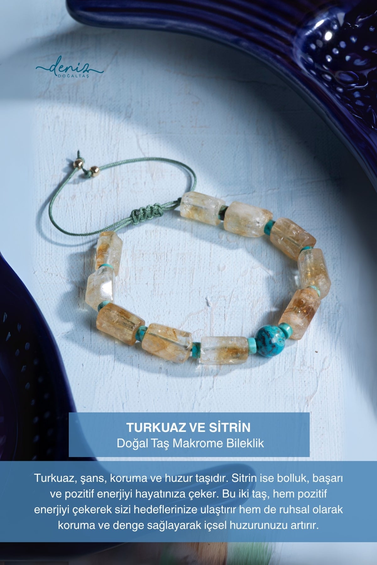 Sertifikalı Turkuaz ve Sitrin Doğal Taş Makrome Bileklik