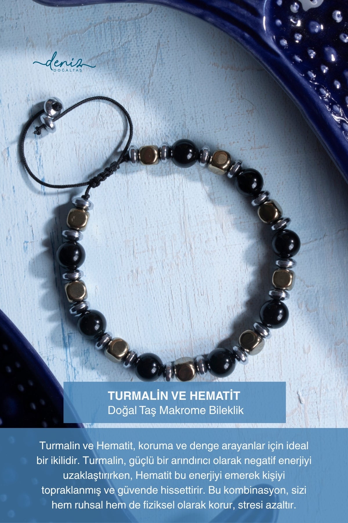 Sertifikalı Turmalin ve Hematit Doğal Taş Makrome Bileklik