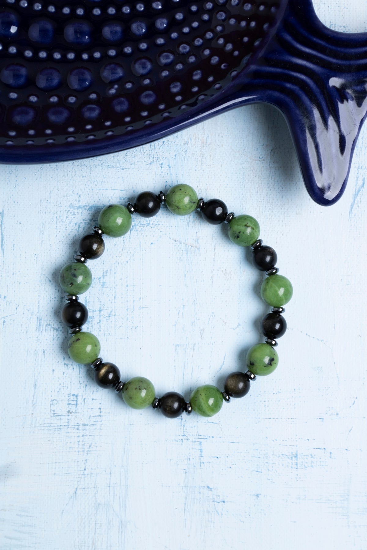 Sertifikalı Yeşim &amp; Obsidyen &amp; Hematit Doğal Taş Bileklik