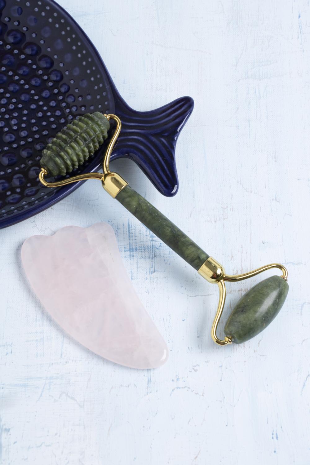 Sertifikalı Yeşim Roller &amp; Pembe Kuvars Kaz Ayaklı Gua Sha