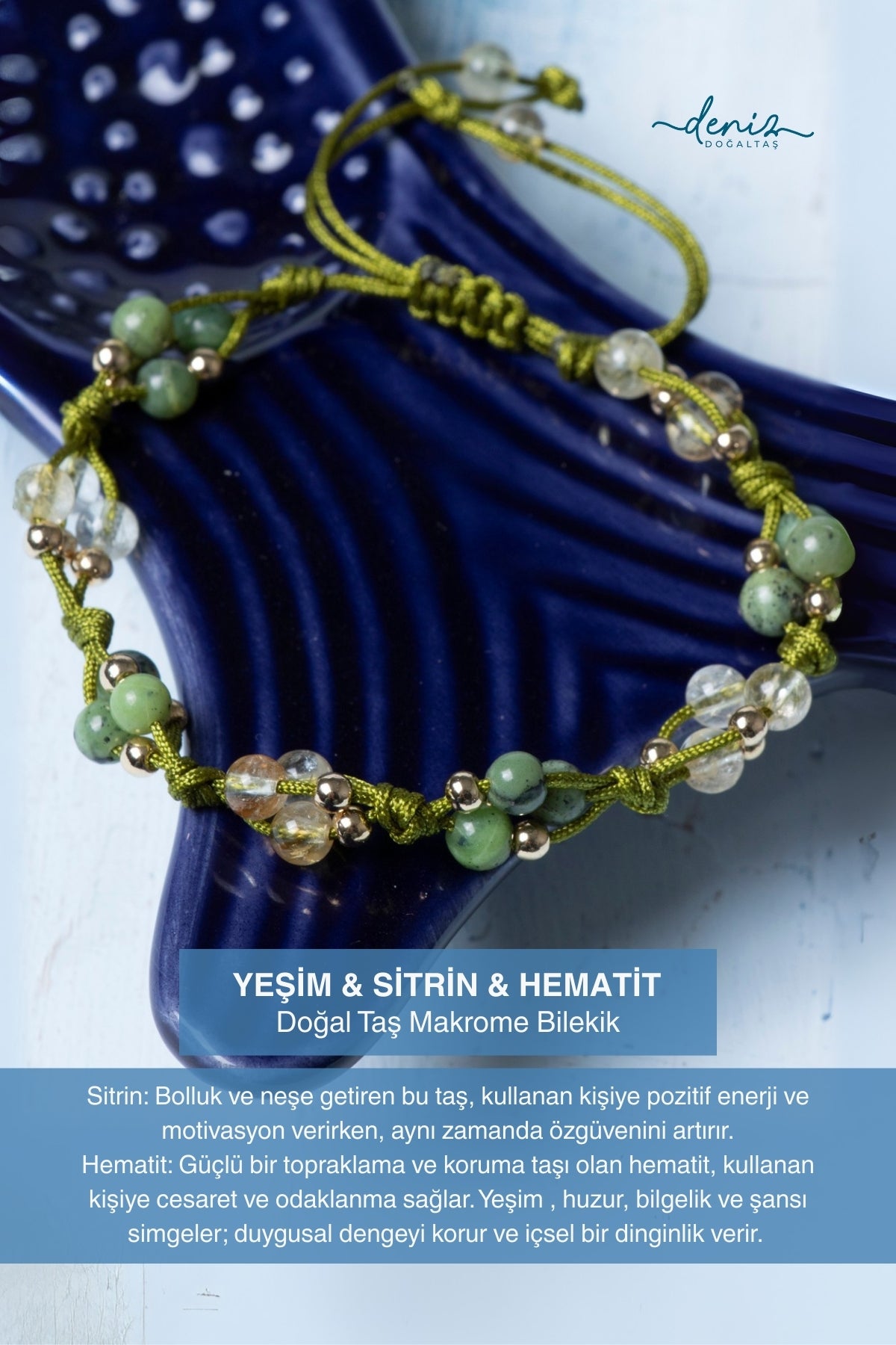 Sertifikalı Yeşim Sitrin Hematit Doğal Taş Makrome Bileklik