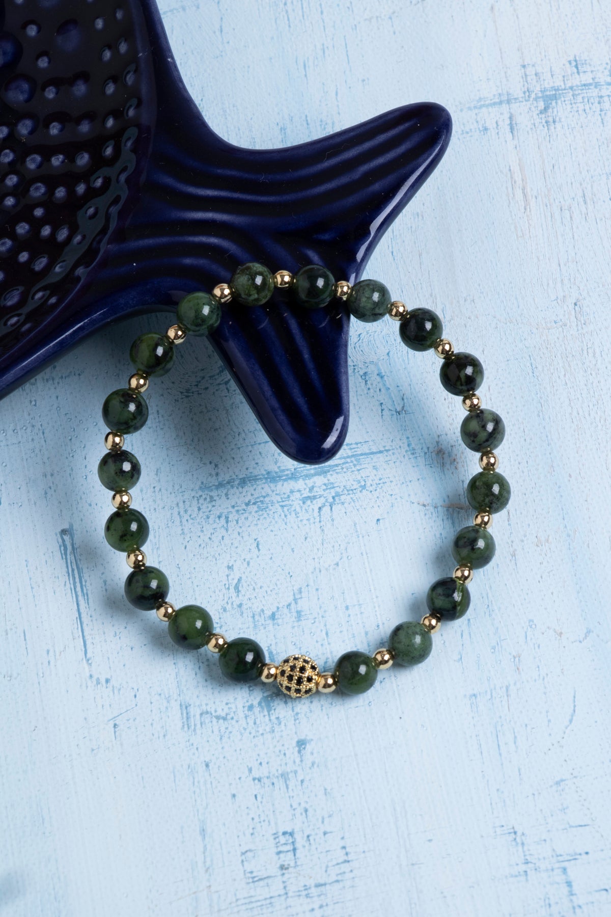 Sertifikalı Yeşim ve Hematit Doğaltaş Bileklik – Altın Detaylı