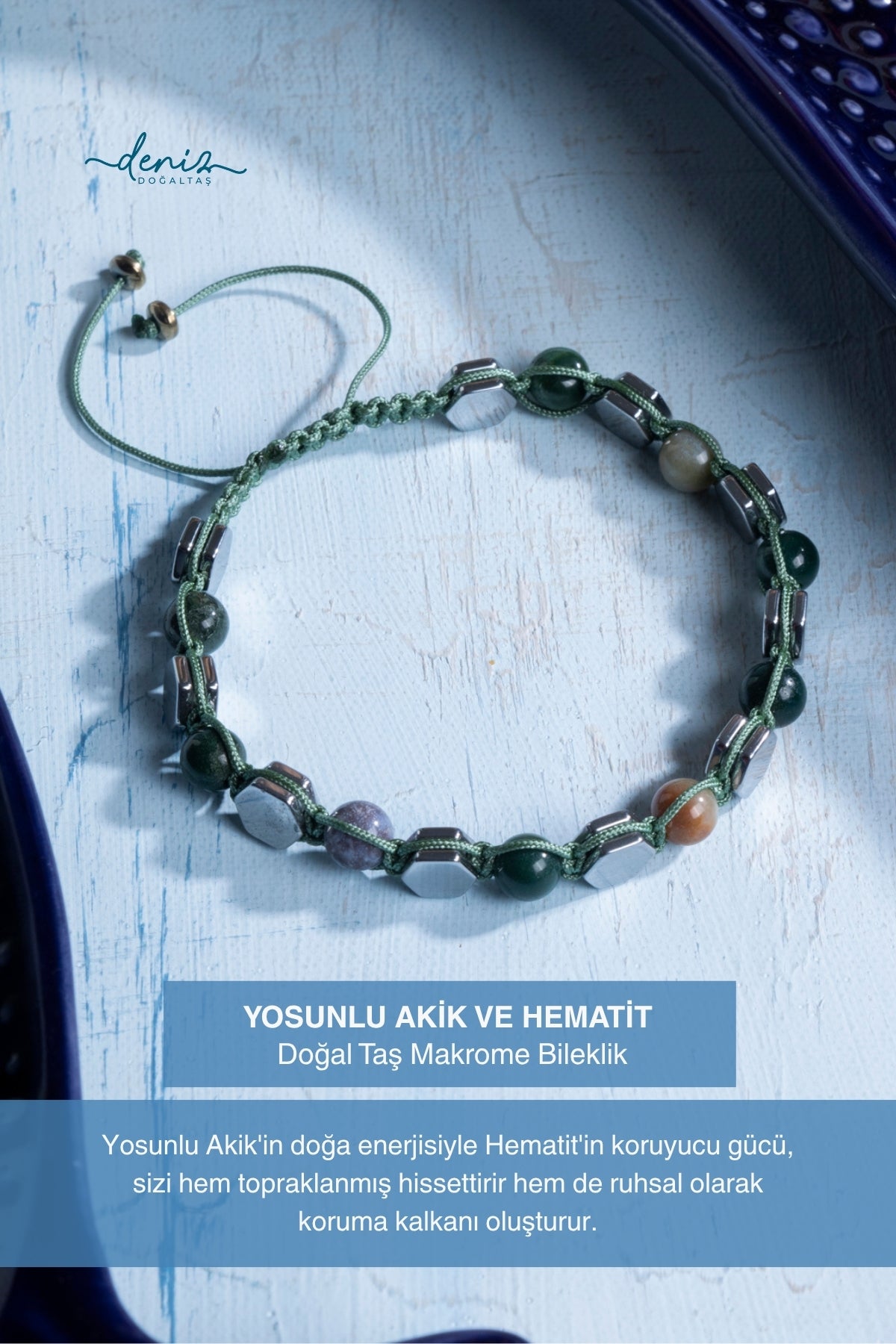 Sertifikalı Yosunlu Akik ve Hematit Doğal Taş Makrome Bileklik