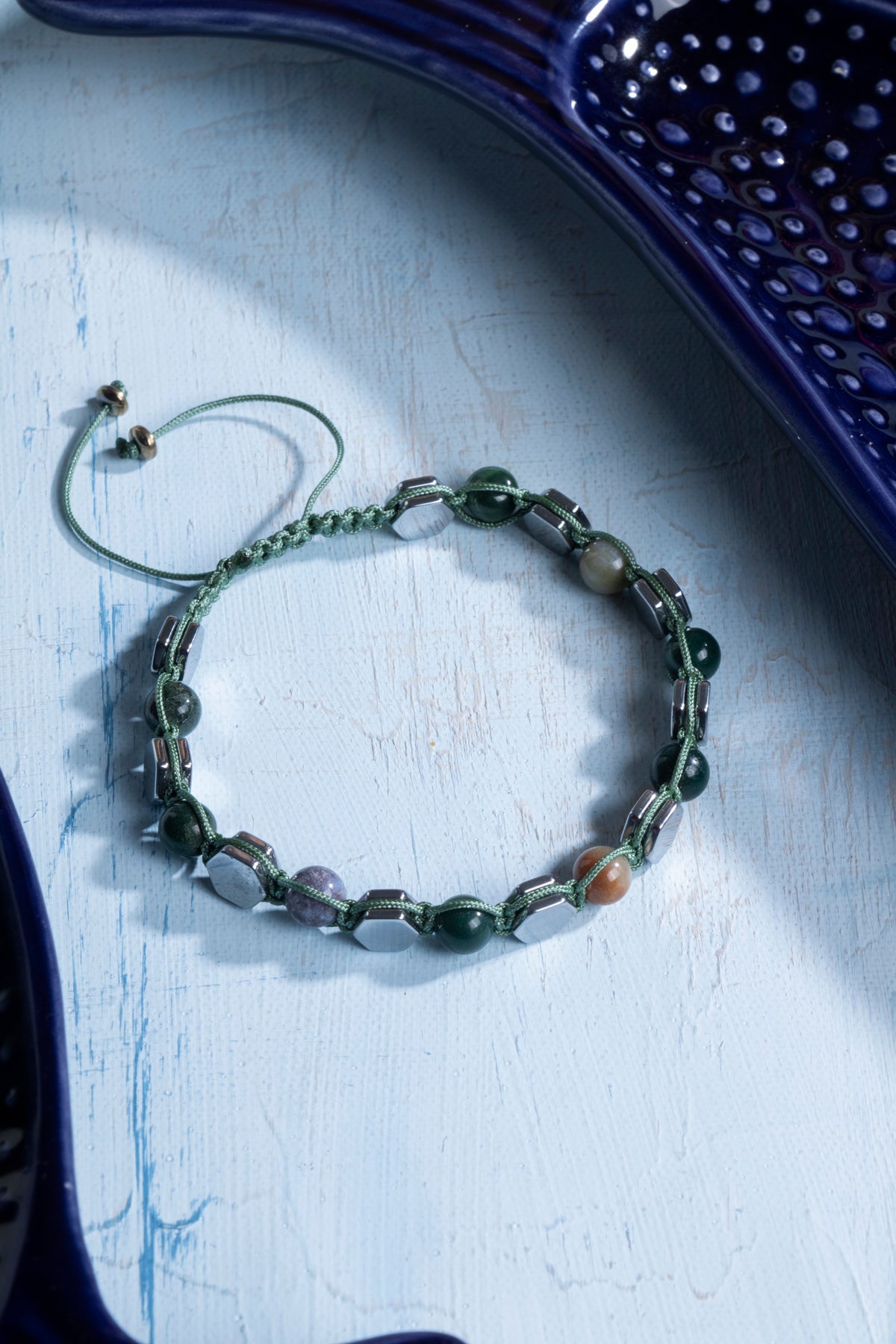 Sertifikalı Yosunlu Akik ve Hematit Doğal Taş Makrome Bileklik