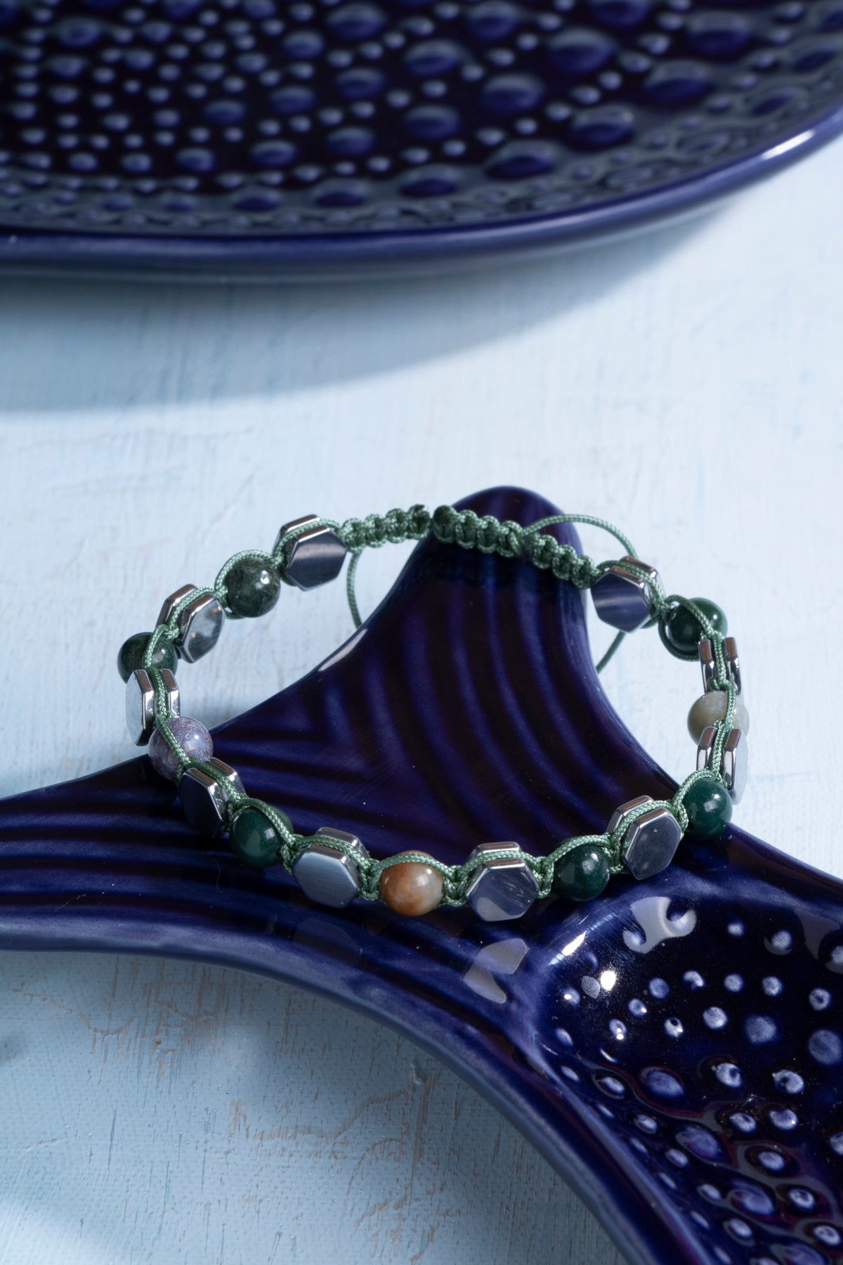 Sertifikalı Yosunlu Akik ve Hematit Doğal Taş Makrome Bileklik