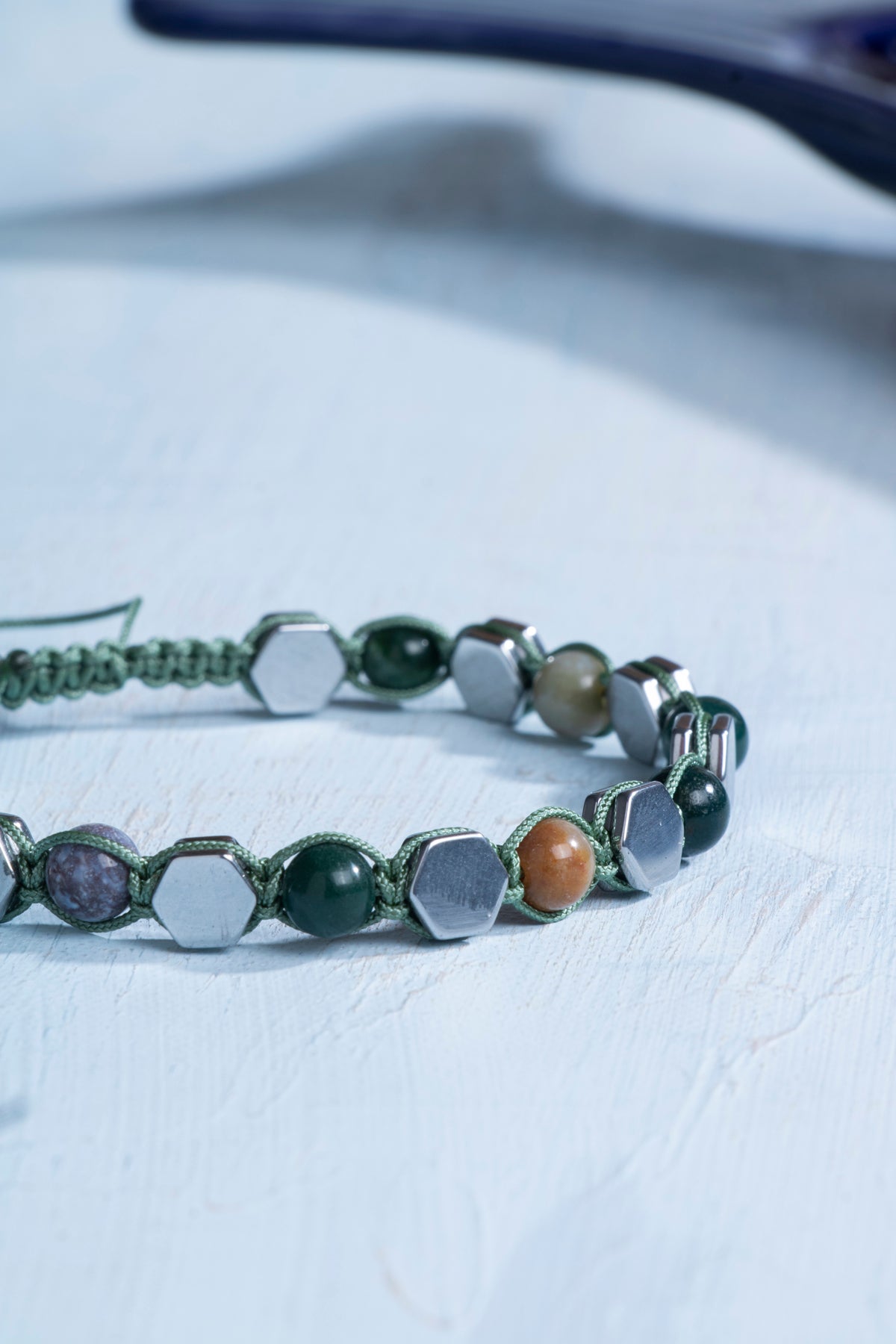 Sertifikalı Yosunlu Akik ve Hematit Doğal Taş Makrome Bileklik