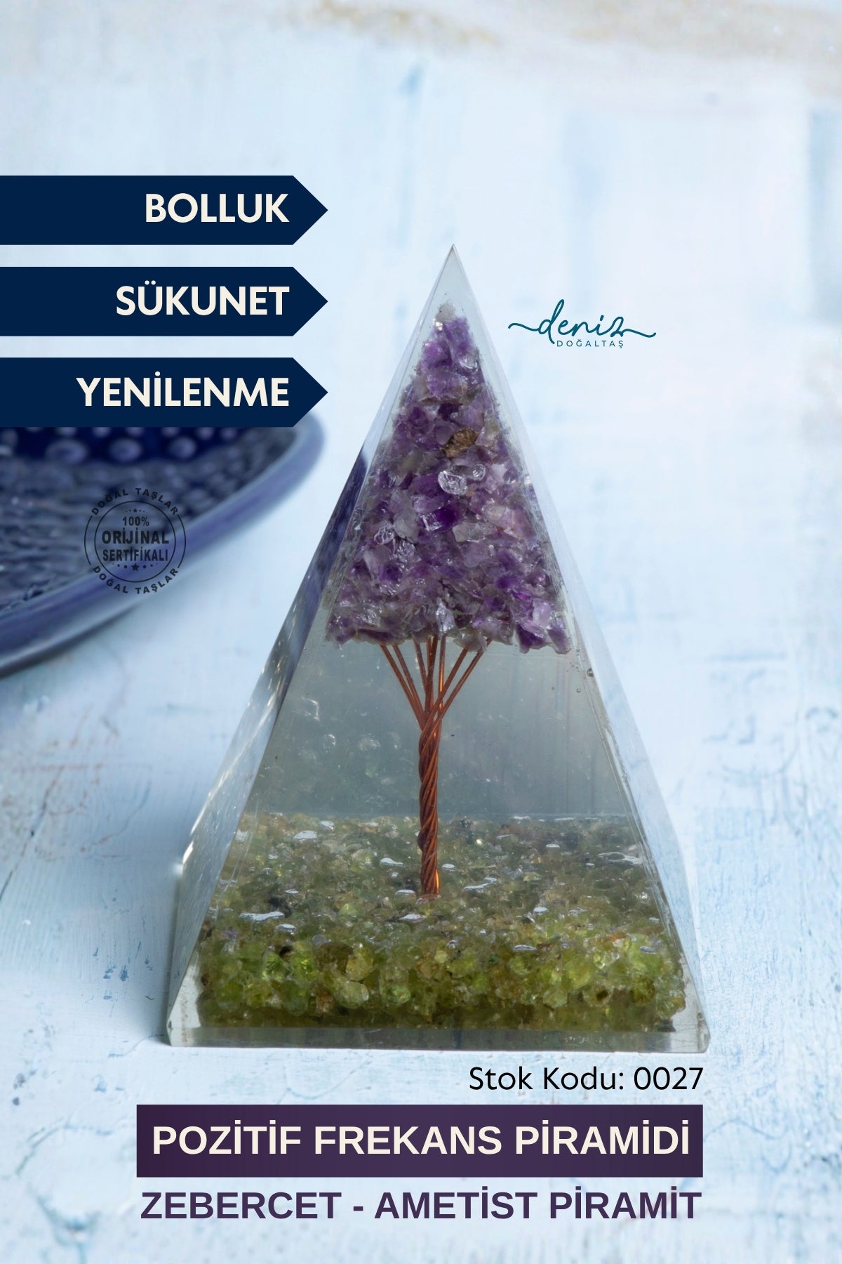 Sertifikalı Zebercet- Ametist Doğal Taş Pozitif Frekans Piramidi S.K: 0027