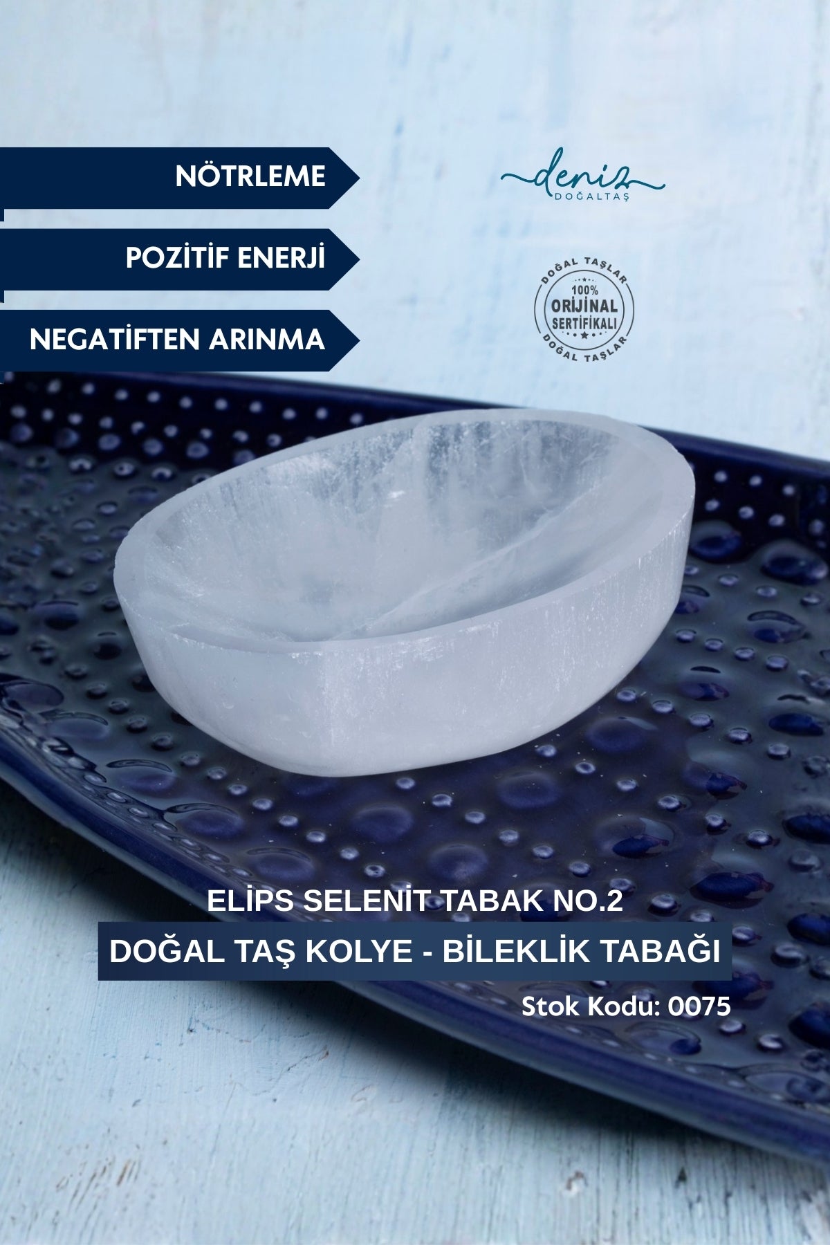 Seryifikalı Doğal Taş Selenit Kolye - Bileklik Tabağı (Elips Selenit Tabak no.2) S.K: 0075