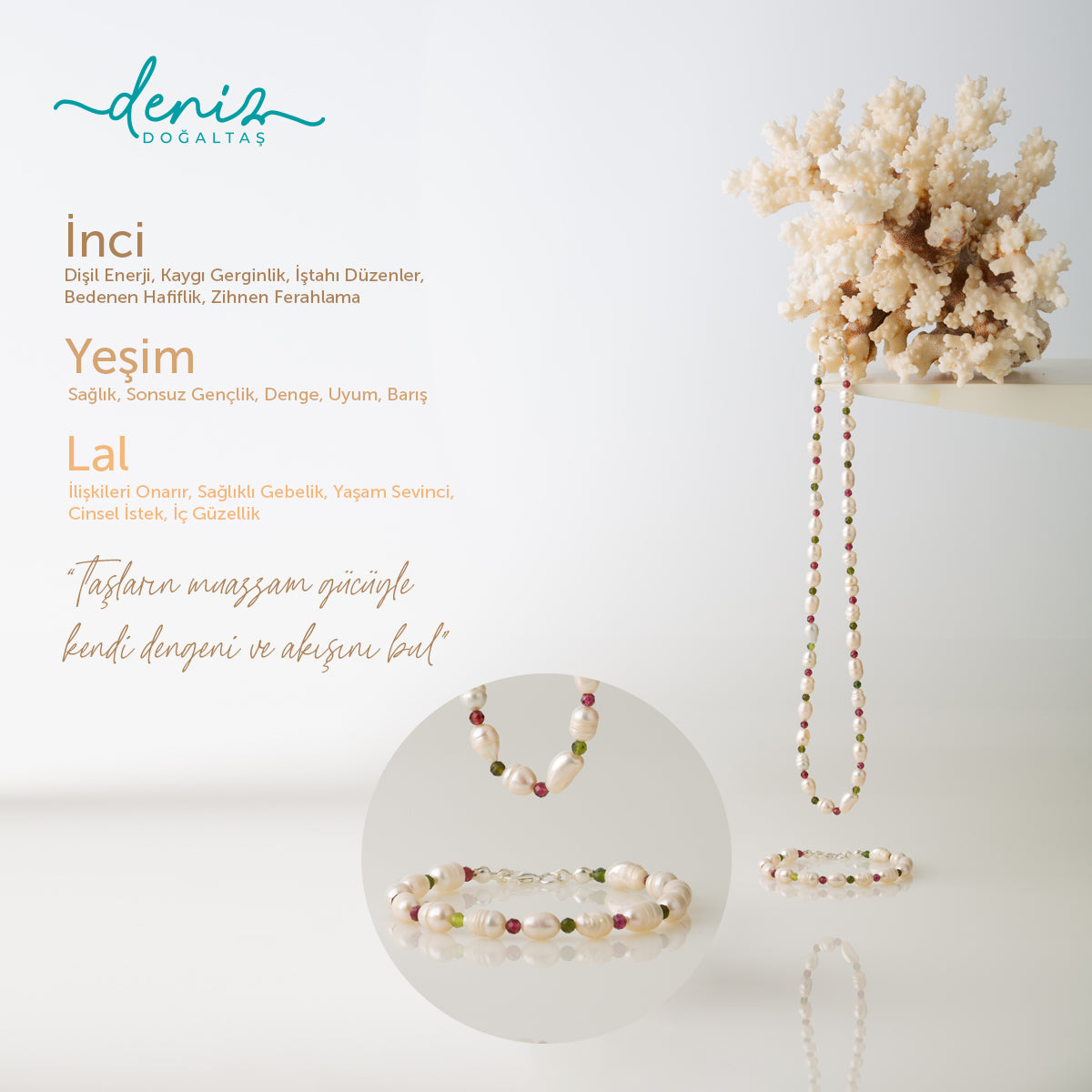 Set İnci - Yeşim - Lal Gümüş Tasarım Kolye