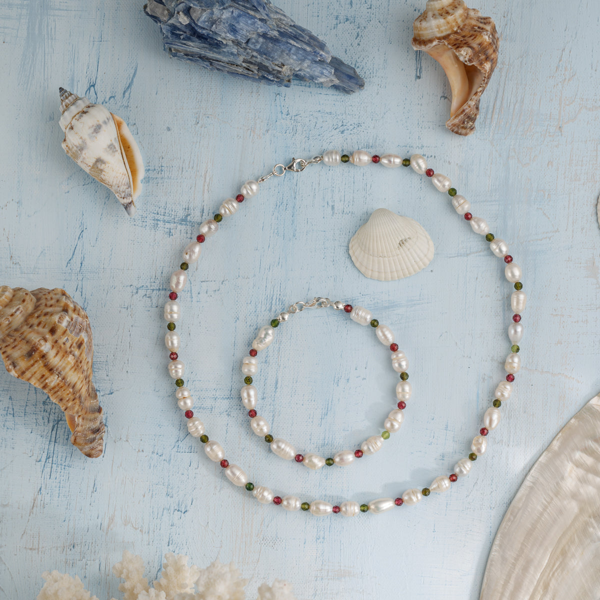 Set İnci - Yeşim - Lal Gümüş Tasarım Kolye