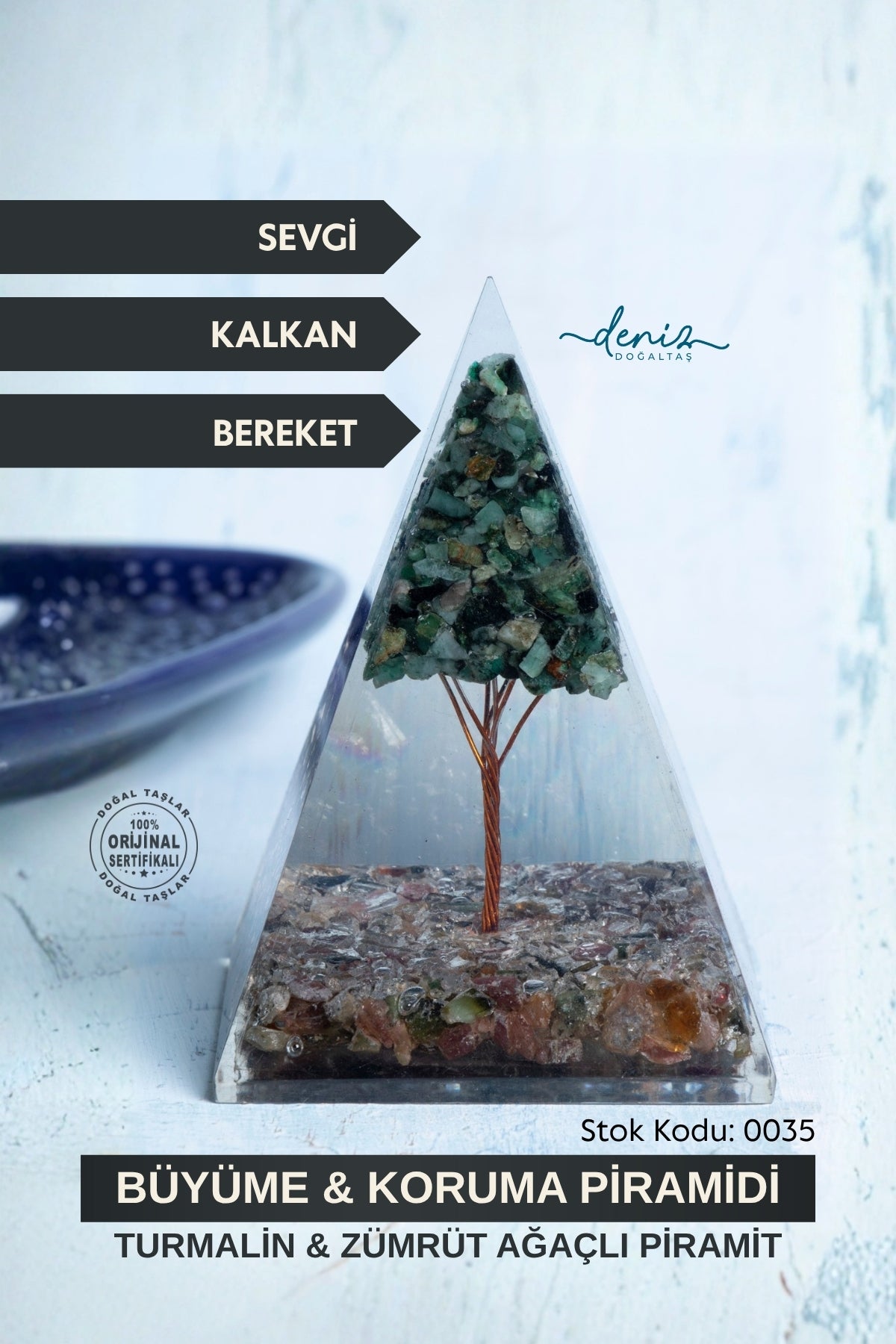 Turmalin &amp; Zümrüt Ağaçlı Piramit Büyüme &amp; Koruma Piramidi S.K: 0035